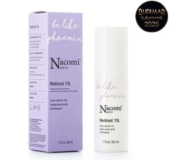 Nacomi Next Level Retinool 1% ööseerum 30ml Kõrgekvaliteediline ööseerum puhta retinooliga (1%) vähendab kortse ja pigmendilaike. Retinool pakub mitte ainult vananemisvastast, vaid ka aknevastast toimet. Koorib maha surnud naharakud ja reguleerib rasu eritumist. Nelja hüaluroonhappe vormi kompleks tagab maksimaalse niisutuse. Glütseriin, pantenool ja lilleõlide ekstrakt hoiavad õige niiskustaseme ning minimeerivad ärritusi parimate tulemuste saavutamiseks.