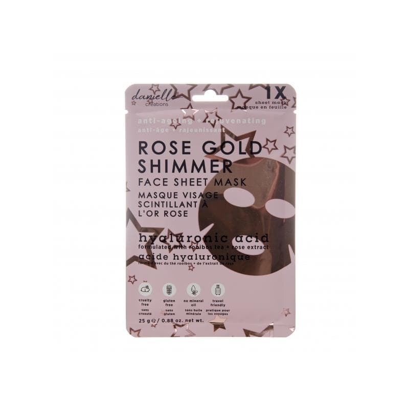 Danielle Rose Gold Shimmer face sheet mask with hyaluronic acid 1pc Toida ja kaitse oma nahka keskkonna kahjulike mõjude eest hüdrogeel maskiga! Mask on rikastatud roosi ekstrakti ja rooibose teega, mis annavad nahale sileda ja särava jume. Hüaluroonhappe vananemisvastased omadused noorendavad, niisutavad ja pinguldavad nahka.