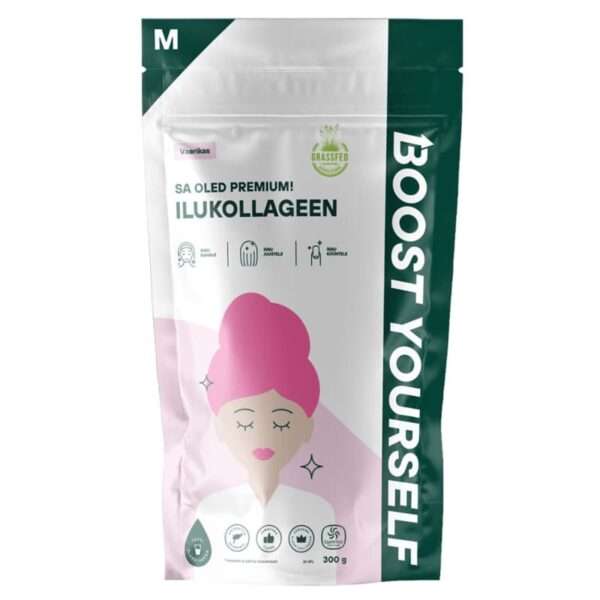 Sinu ilueliksiir! Kiire ja lihtne valmistada. Vaarikane ilujook tõelistele jumalannadele. Nipp! Valmista laimi ja piparmündiga värskendav kokteil (loe altpoolt)! Tänu kollageenile meie kehas on nahk elastsem, küüned vastupidavamad, juuksed läikivamad. 1 spl annab 6 g puhast kollageeni, soovitame 2 spl. Lisaväärtuseks on tootes c-vitamiin, mis aitab kaasa kollageeni normaalsele moodustumisele naha normaalseks talitluseks. Ühest pakist 300 g jagub terveks kuuks (30 portsjonit pakis). JAMAVABA toode. Meie toodetes ei ole lisaaineid ehk E-aineid ning meie marja- ja puuviljapulbrid on naturaalsed toorained. Registreeru Boost Yourselfi püsikliendiks ja teeni iga ostuga 5% raha tagasi.