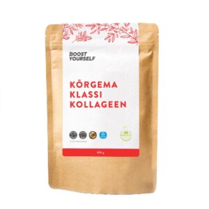 Kui soovid ainult kollageeni just toidule lisada, siis on see sinu toode! Kollageen on keha ehitusmaterjal, mis moodustab kolmandiku kehast leiduvatest valkudest. Toode sisaldab SOLUGEL® veise kollageeni peptiide, mis on sertifitseeritud grass fed märgisega. Kollageen moodustab suurema osa kogu side- ja tugikoest ning on luude, kõhrede ja kõõluste kiudude koostisosa. Lisa toodet iga päev oma toidule, mahlale või šeigile. Toode sobib rasedatele ja rinnaga toitvatele emadele. Ühest pakist jagub 60 portsjoniks. Kuid soovitame korraga lisada kaks teelusikatäit, Ühe portsjoni kaupa kasutades soovitame lisada kohvile kaks korda päevas. Arendatud ja toodetud Saaremaal *tooraine ei pärine Saaremaalt. Gluteenivaba. JAMAVABA toode. Meie toodetes ei ole lisaaineid ehk E-aineid ning meie marja- ja puuviljapulbrid on naturaalsed toorained.