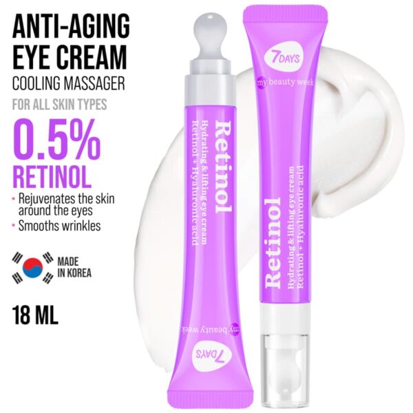 Silmaümbruskreem 7DAYS MY BEAUTY WEEK RETINOL “RE-FRESH” jahutava keraamilise aplikaatoriga. Retinooli ja hüaluroonhappe rekordiliselt kõrge kontsentratsioon tagab: • Vananemisvastase toime. Retinool minimeerib peened jooned ja kortsud, indutseerib rakkude uuenemist, suurendab kollageeni tootmist ja naha elastsust. • Niisutuse. Hüaluroonhape niisutab, värskendab ja silub nahka intensiivselt ning taastab hüdrolipiidide tasakaalu, muudab naha elastseks ja silub kortse. • Lifting efekti. Kreem võitleb tumedate silmaaluste ja väsimusjälgedega. “RE-FRESH” jahutav metallist aplikaator eemaldab tursed, lõdvestab lihaseid, aitab parandada mikrotsirkulatsiooni ja süvendada aktiivsete komponentide läbitungimist. Puhastage nahka tavalise näopuhastusvahendiga.