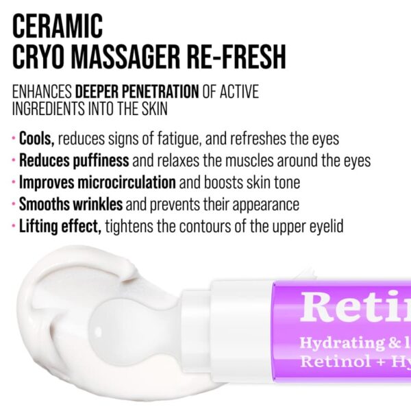 Silmaümbruskreem 7DAYS MY BEAUTY WEEK RETINOL “RE-FRESH” jahutava keraamilise aplikaatoriga. Retinooli ja hüaluroonhappe rekordiliselt kõrge kontsentratsioon tagab: • Vananemisvastase toime. Retinool minimeerib peened jooned ja kortsud, indutseerib rakkude uuenemist, suurendab kollageeni tootmist ja naha elastsust. • Niisutuse. Hüaluroonhape niisutab, värskendab ja silub nahka intensiivselt ning taastab hüdrolipiidide tasakaalu, muudab naha elastseks ja silub kortse. • Lifting efekti. Kreem võitleb tumedate silmaaluste ja väsimusjälgedega. “RE-FRESH” jahutav metallist aplikaator eemaldab tursed, lõdvestab lihaseid, aitab parandada mikrotsirkulatsiooni ja süvendada aktiivsete komponentide läbitungimist. Puhastage nahka tavalise näopuhastusvahendiga.