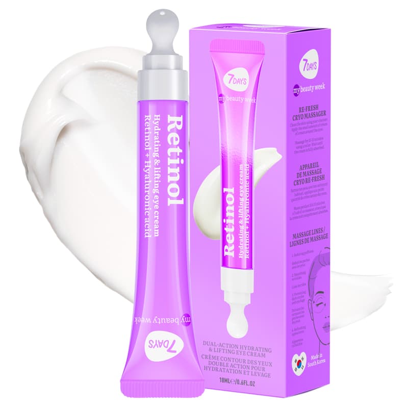 Silmaümbruskreem 7DAYS MY BEAUTY WEEK RETINOL “RE-FRESH” jahutava keraamilise aplikaatoriga. Retinooli ja hüaluroonhappe rekordiliselt kõrge kontsentratsioon tagab: • Vananemisvastase toime. Retinool minimeerib peened jooned ja kortsud, indutseerib rakkude uuenemist, suurendab kollageeni tootmist ja naha elastsust. • Niisutuse. Hüaluroonhape niisutab, värskendab ja silub nahka intensiivselt ning taastab hüdrolipiidide tasakaalu, muudab naha elastseks ja silub kortse. • Lifting efekti. Kreem võitleb tumedate silmaaluste ja väsimusjälgedega. “RE-FRESH” jahutav metallist aplikaator eemaldab tursed, lõdvestab lihaseid, aitab parandada mikrotsirkulatsiooni ja süvendada aktiivsete komponentide läbitungimist. Puhastage nahka tavalise näopuhastusvahendiga.