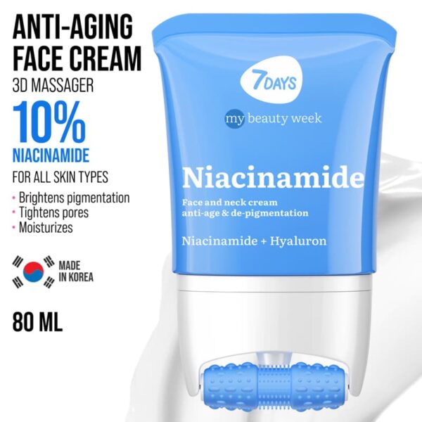Näokreem 7DAYS MY BEAUTY WEEK Niacinamide 80 ml + 3D-massaaživahend intensiivseks niisutuseks, noorendamiseks, kortsude ja pigmentatsiooni eemaldamiseks. Kahetoimeline vananemisvastane näokreem niatsiinamiidiga: 24-tunnine niisutus + näomassaaž. 3D FACE FIT Massager annab tõstva efekti, vähendab turseid, silub kortse ning kujundab kindla ja kindla näokontuuri.
