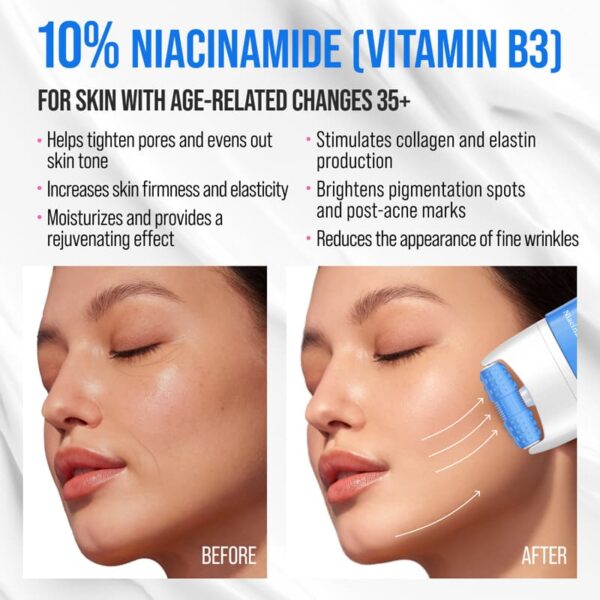 Näokreem 7DAYS MY BEAUTY WEEK Niacinamide 80 ml + 3D-massaaživahend intensiivseks niisutuseks, noorendamiseks, kortsude ja pigmentatsiooni eemaldamiseks. Kahetoimeline vananemisvastane näokreem niatsiinamiidiga: 24-tunnine niisutus + näomassaaž. 3D FACE FIT Massager annab tõstva efekti, vähendab turseid, silub kortse ning kujundab kindla ja kindla näokontuuri.