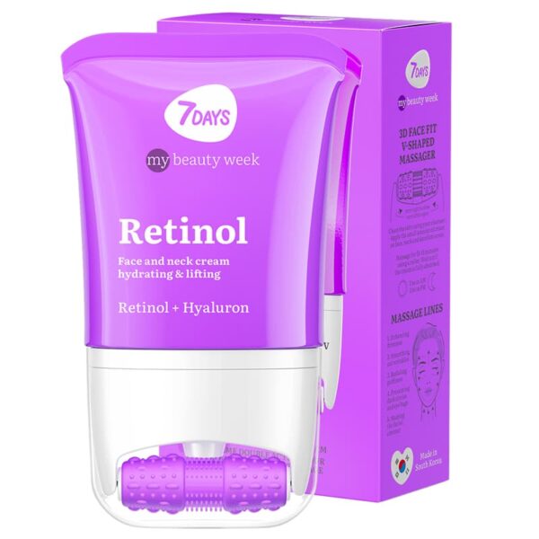 Näokreem 7DAYS MY BEAUTY WEEK Retinol 80 ml + 3D massager intensiivseks niisutuseks, vananemisvastaseks ja tõstva toimeks. Kahetoimeline niisutav näokreem retinooliga: 24-tunnine niisutus + näomassaaž. 3D FACE FIT Massager annab tõstva efekti, vähendab turseid, silub kortse ning kujundab kindla ja kindla näokontuuri.