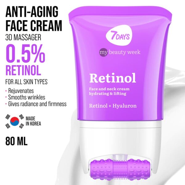 Näokreem 7DAYS MY BEAUTY WEEK Retinol 80 ml + 3D massager intensiivseks niisutuseks, vananemisvastaseks ja tõstva toimeks. Kahetoimeline niisutav näokreem retinooliga: 24-tunnine niisutus + näomassaaž. 3D FACE FIT Massager annab tõstva efekti, vähendab turseid, silub kortse ning kujundab kindla ja kindla näokontuuri.