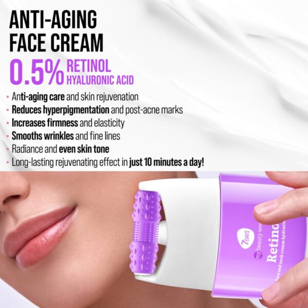 Näokreem 7DAYS MY BEAUTY WEEK Retinol 80 ml + 3D massager intensiivseks niisutuseks, vananemisvastaseks ja tõstva toimeks. Kahetoimeline niisutav näokreem retinooliga: 24-tunnine niisutus + näomassaaž. 3D FACE FIT Massager annab tõstva efekti, vähendab turseid, silub kortse ning kujundab kindla ja kindla näokontuuri.