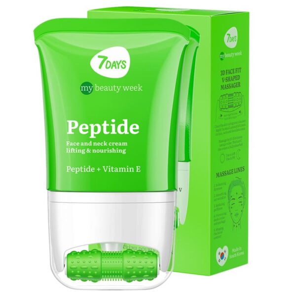Näokreem 7DAYS MY BEAUTY WEEK Peptiid 80 ml + 3D masseerija sügavtoitmiseks, vananemisvastaseks, naha elastsuse, sileduse ja elastsuse suurendamiseks. Kahetoimeline toitev näokreem Peptide Complexiga: 24-tunnine niisutus + näomassaaž. 3D FACE FIT Massager annab tõstva efekti, vähendab turseid, silub kortse ning kujundab kindla ja kindla näokontuuri.