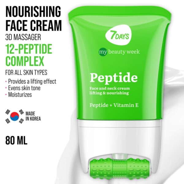 Näokreem 7DAYS MY BEAUTY WEEK Peptiid 80 ml + 3D masseerija sügavtoitmiseks, vananemisvastaseks, naha elastsuse, sileduse ja elastsuse suurendamiseks. Kahetoimeline toitev näokreem Peptide Complexiga: 24-tunnine niisutus + näomassaaž. 3D FACE FIT Massager annab tõstva efekti, vähendab turseid, silub kortse ning kujundab kindla ja kindla näokontuuri.