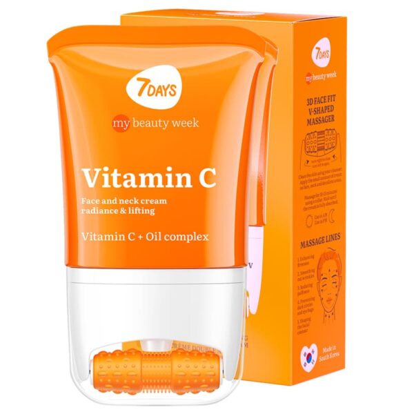Näokreem 7DAYS MY BEAUTY WEEK Vitamiin C 80 ml + 3D masseerija intensiivseks niisutuseks, tõstmiseks ja naha säramiseks. Kahetoimeline C-vitamiiniga niisutav näokreem: 24-tunnine niisutus + näomassaaž. 3D FACE FIT Massager annab tõstva efekti, vähendab turseid, silub kortse ning kujundab kindla ja kindla näokontuuri.