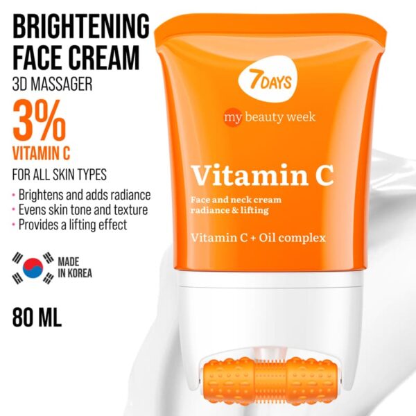 Näokreem 7DAYS MY BEAUTY WEEK Vitamiin C 80 ml + 3D masseerija intensiivseks niisutuseks, tõstmiseks ja naha säramiseks. Kahetoimeline C-vitamiiniga niisutav näokreem: 24-tunnine niisutus + näomassaaž. 3D FACE FIT Massager annab tõstva efekti, vähendab turseid, silub kortse ning kujundab kindla ja kindla näokontuuri.