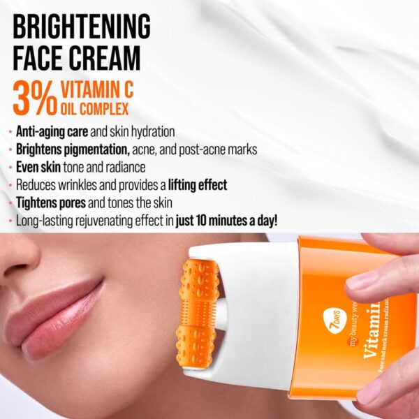 Näokreem 7DAYS MY BEAUTY WEEK Vitamiin C 80 ml + 3D masseerija intensiivseks niisutuseks, tõstmiseks ja naha säramiseks. Kahetoimeline C-vitamiiniga niisutav näokreem: 24-tunnine niisutus + näomassaaž. 3D FACE FIT Massager annab tõstva efekti, vähendab turseid, silub kortse ning kujundab kindla ja kindla näokontuuri.