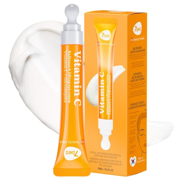 Silmaümbruskreem 7DAYS MY BEAUTY WEEK VITAMIN C “RE-FRESH” jahutava keraamilise aplikaatoriga. Rekordiliselt kõrge C-vitamiini ja õli kompleksi kontsentratsioon annab: • Lifting efekti. Kreem võitleb tumedate silmaaluste ja väsimusjälgedega. • Sära. C-vitamiin taastab ja helendab teie nahka, on võimsa antioksüdantse toimega, võitleb pigmendilaikudega ja takistab nende tekkimist. • Nourishing Oil kompleks küllastab nahka niiskusega, tugevdab seda, muudab selle elastseks ja silub kortse. “RE-FRESH” jahutav metallist aplikaator eemaldab tursed, lõdvestab lihaseid, aitab parandada mikrotsirkulatsiooni ja süvendada aktiivsete komponentide läbitungimist. Puhastage nahka tavalise näopuhastusvahendiga
