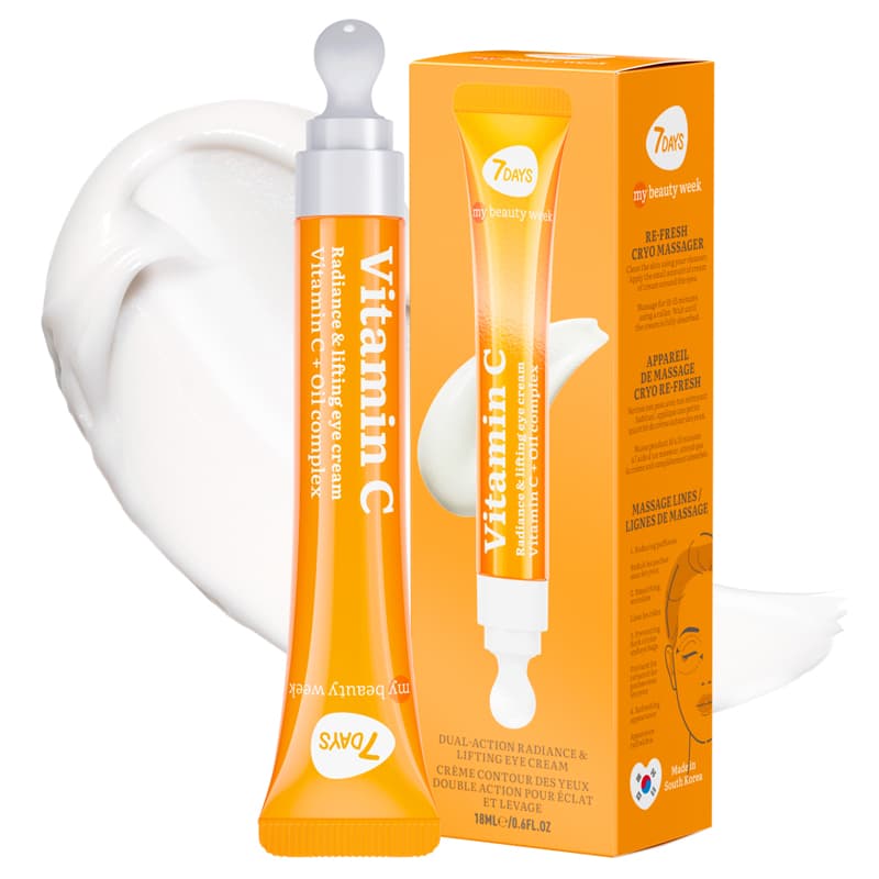 Silmaümbruskreem 7DAYS MY BEAUTY WEEK VITAMIN C “RE-FRESH” jahutava keraamilise aplikaatoriga. Rekordiliselt kõrge C-vitamiini ja õli kompleksi kontsentratsioon annab: • Lifting efekti. Kreem võitleb tumedate silmaaluste ja väsimusjälgedega. • Sära. C-vitamiin taastab ja helendab teie nahka, on võimsa antioksüdantse toimega, võitleb pigmendilaikudega ja takistab nende tekkimist. • Nourishing Oil kompleks küllastab nahka niiskusega, tugevdab seda, muudab selle elastseks ja silub kortse. “RE-FRESH” jahutav metallist aplikaator eemaldab tursed, lõdvestab lihaseid, aitab parandada mikrotsirkulatsiooni ja süvendada aktiivsete komponentide läbitungimist. Puhastage nahka tavalise näopuhastusvahendiga
