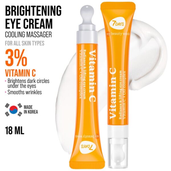 Silmaümbruskreem 7DAYS MY BEAUTY WEEK VITAMIN C “RE-FRESH” jahutava keraamilise aplikaatoriga. Rekordiliselt kõrge C-vitamiini ja õli kompleksi kontsentratsioon annab: • Lifting efekti. Kreem võitleb tumedate silmaaluste ja väsimusjälgedega. • Sära. C-vitamiin taastab ja helendab teie nahka, on võimsa antioksüdantse toimega, võitleb pigmendilaikudega ja takistab nende tekkimist. • Nourishing Oil kompleks küllastab nahka niiskusega, tugevdab seda, muudab selle elastseks ja silub kortse. “RE-FRESH” jahutav metallist aplikaator eemaldab tursed, lõdvestab lihaseid, aitab parandada mikrotsirkulatsiooni ja süvendada aktiivsete komponentide läbitungimist. Puhastage nahka tavalise näopuhastusvahendiga