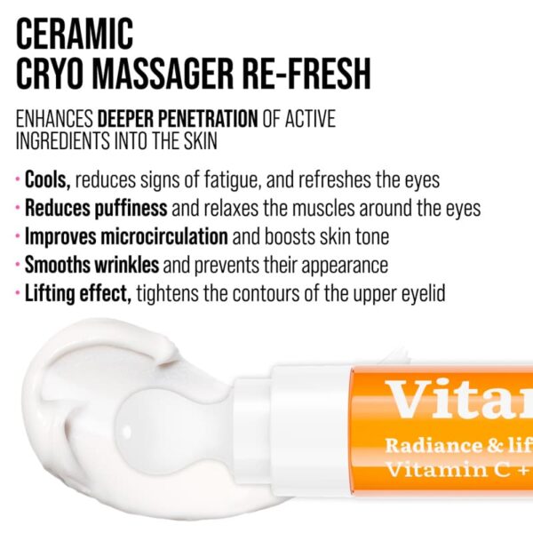Silmaümbruskreem 7DAYS MY BEAUTY WEEK VITAMIN C “RE-FRESH” jahutava keraamilise aplikaatoriga. Rekordiliselt kõrge C-vitamiini ja õli kompleksi kontsentratsioon annab: • Lifting efekti. Kreem võitleb tumedate silmaaluste ja väsimusjälgedega. • Sära. C-vitamiin taastab ja helendab teie nahka, on võimsa antioksüdantse toimega, võitleb pigmendilaikudega ja takistab nende tekkimist. • Nourishing Oil kompleks küllastab nahka niiskusega, tugevdab seda, muudab selle elastseks ja silub kortse. “RE-FRESH” jahutav metallist aplikaator eemaldab tursed, lõdvestab lihaseid, aitab parandada mikrotsirkulatsiooni ja süvendada aktiivsete komponentide läbitungimist. Puhastage nahka tavalise näopuhastusvahendiga